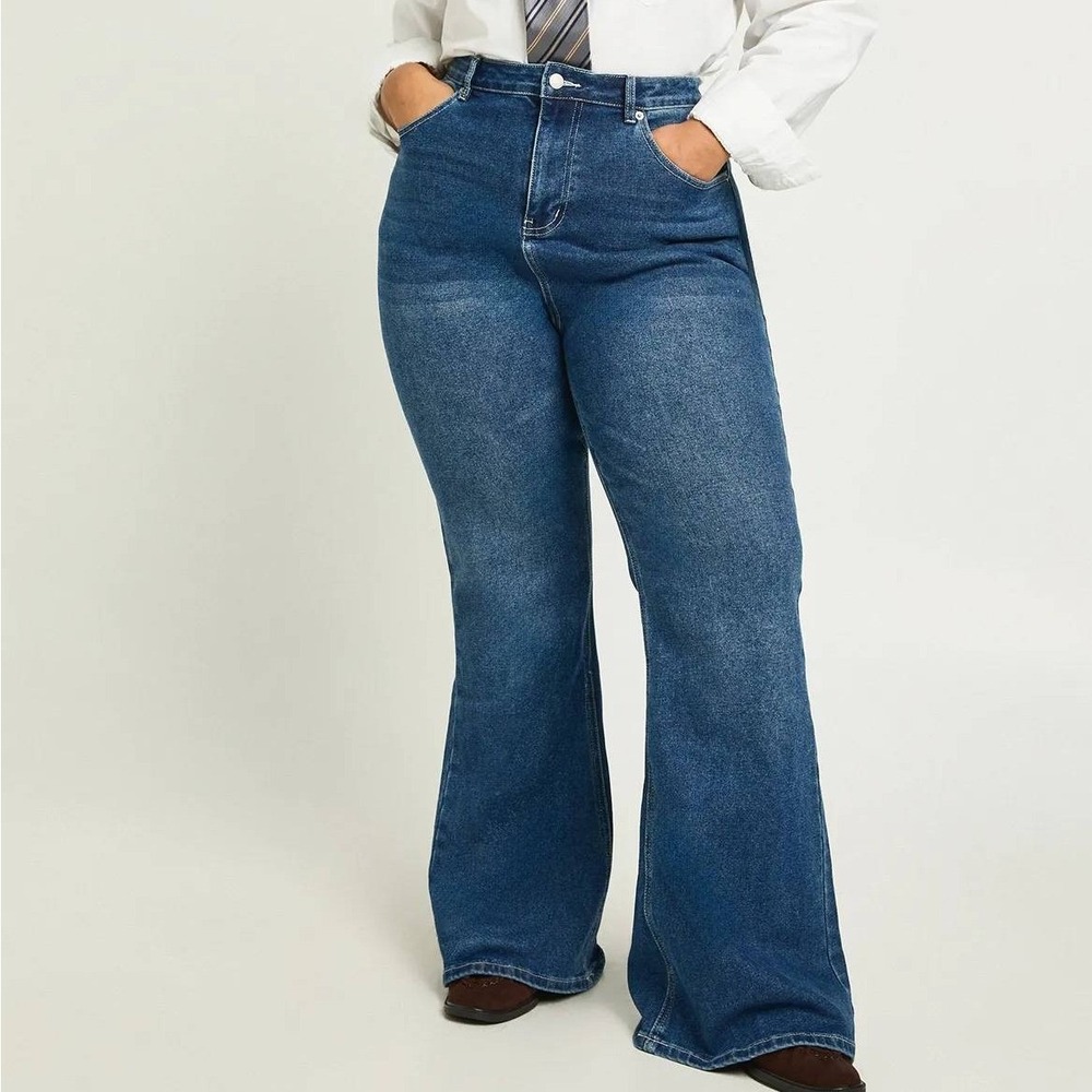Boohoo The Plus High Waist Flare Jeans Grey Blue Denim Pants Womens Size 18 NEW